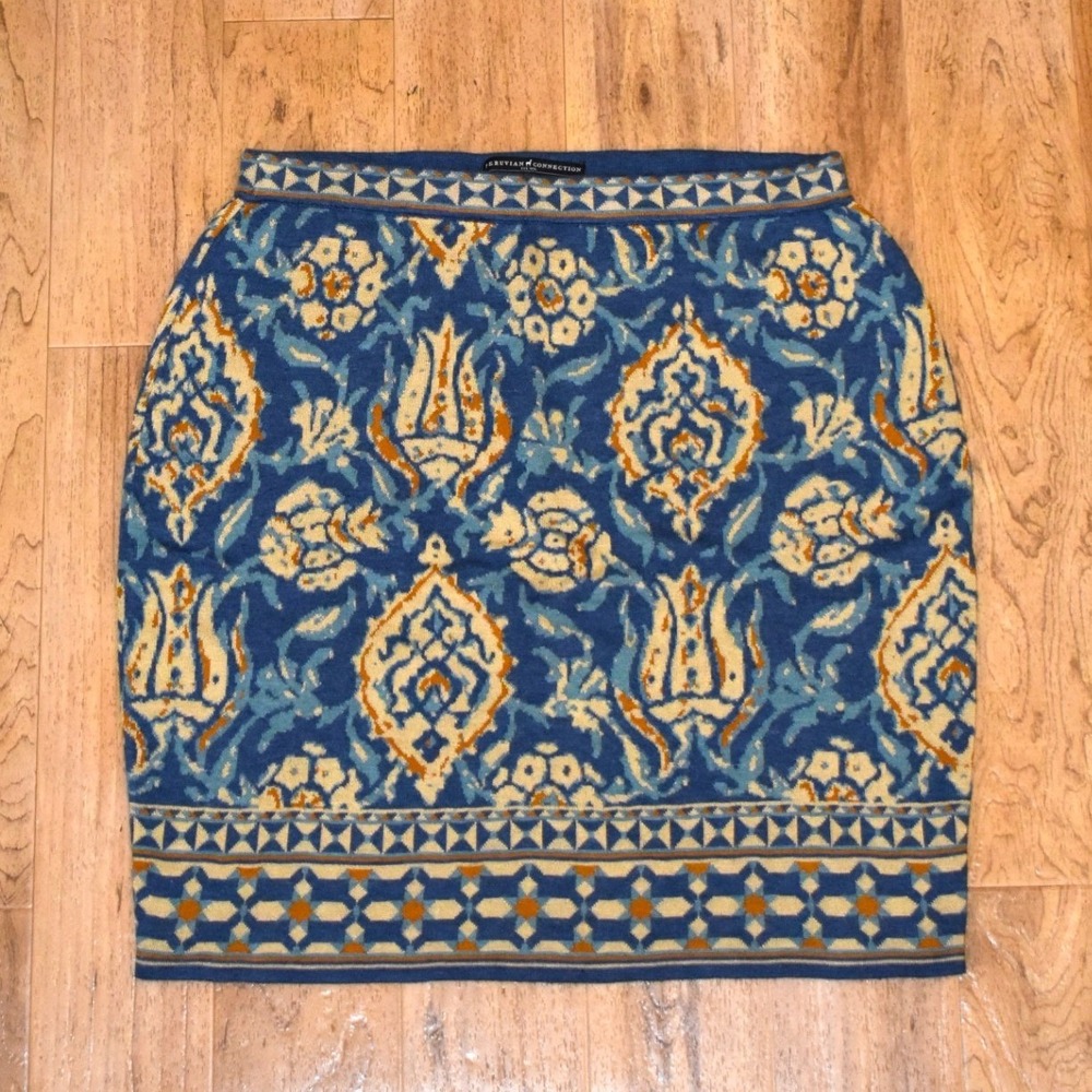 Peruvian Connection Pencil Skirt Womens M Blue Excellent Floral Knit Damask